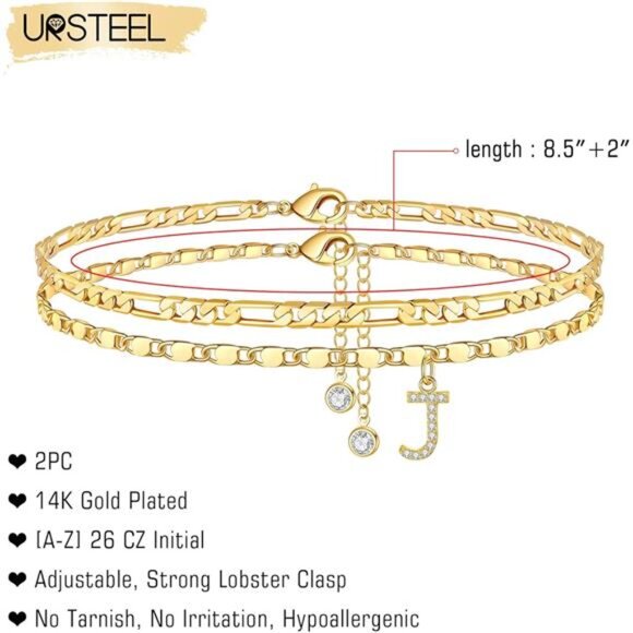 Ankle Bracelets for Women,14K GoldPlated Dainty Layered Chain CZ Initial Anklets - Picture 2 of 7
